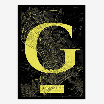 The map of Granada composed with letters in serif font printed on black and yellow