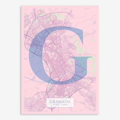 The map of Granada composed with letters in serif font printed on pink and light blue