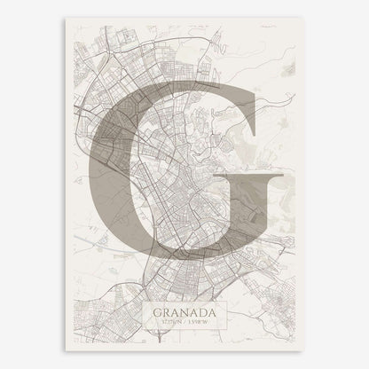 The map of Granada composed with letters in serif font printed on light brown and an off-white background