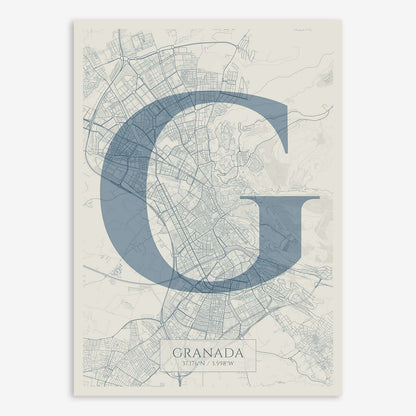 The map of Granada composed with letters in serif font printed on bluish gray and an off-white background