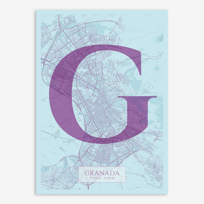 The map of Granada composed with letters in serif font printed on purple and light blue