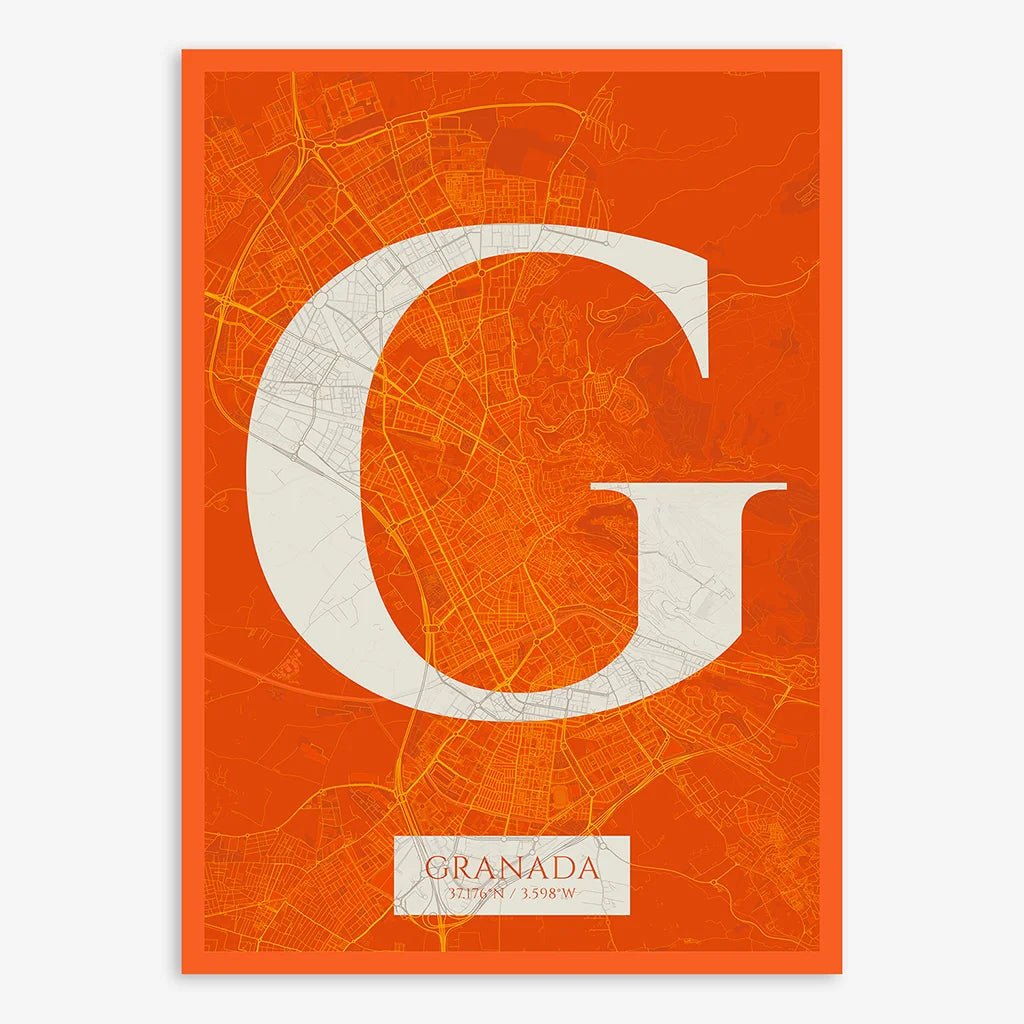 Decorative map of Granada composed with letters in serif font printed on orange and an off-white background