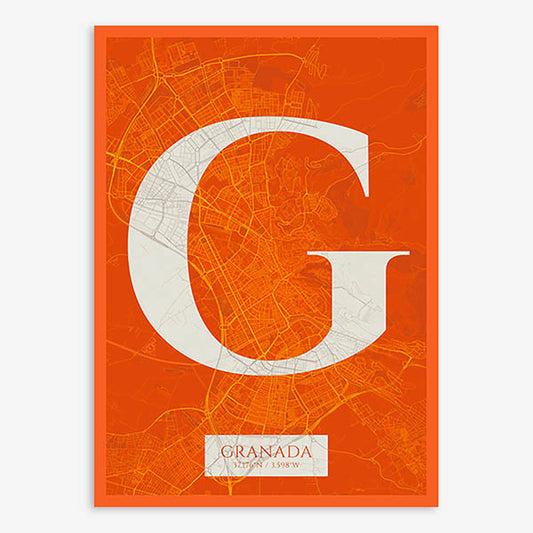 Decorative map of Granada composed with letters in serif font printed on orange and an off-white background