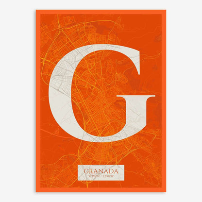 The map of Granada composed with letters in serif font printed on orange and an off-white background