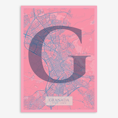 The map of Granada composed with letters in serif font printed on violet y pink background