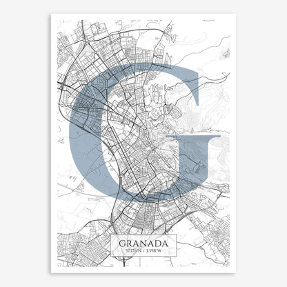 The map of Granada composed with letters in serif font printed on black and white
