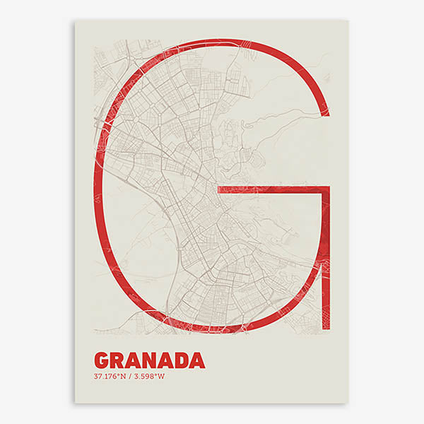 Poster of Granada composed with letters in extra light font printed on red and an off-white background