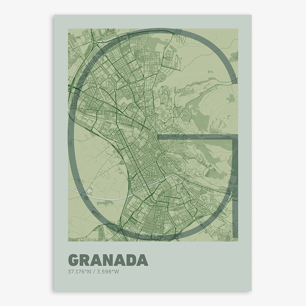 Poster of Granada composed with letters in extra light font printed on two green tones