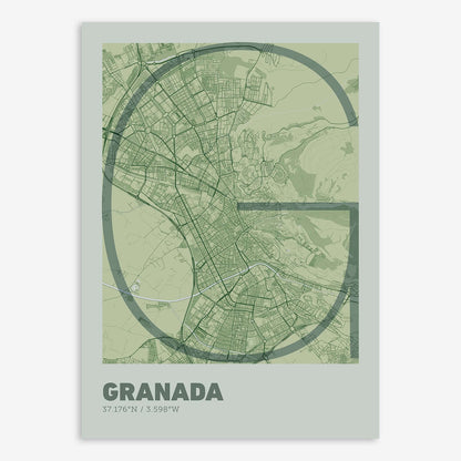 The map of Granada composed with letters in extra light font printed on two green tones