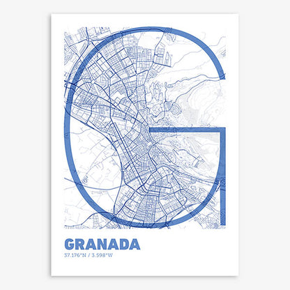 Poster of Granada composed with letters in extra light font printed on navy blue and white