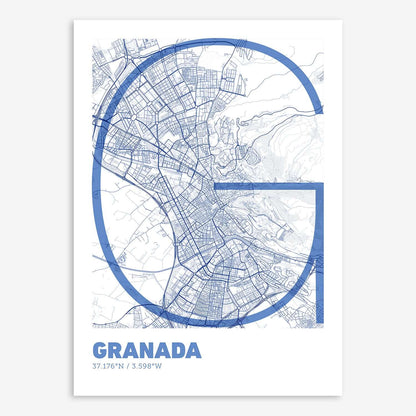 The map of Granada composed with letters in extra light font printed on navy blue and white