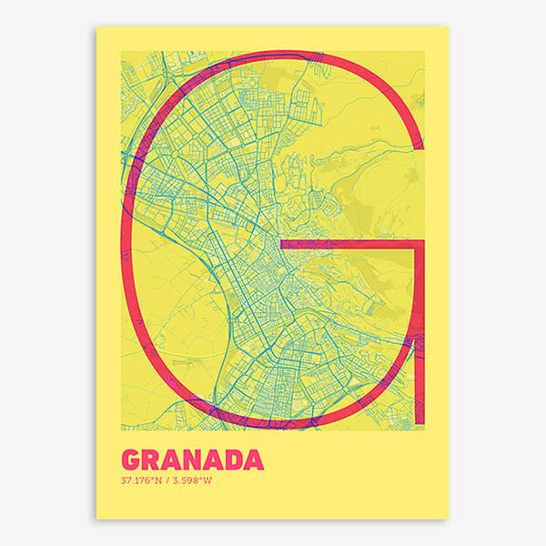 Poster of Granada composed with letters in extra light font printed on yellow and fuchsia