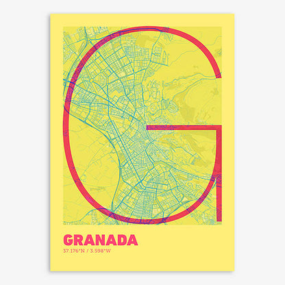 Poster of Granada composed with letters in extra light font printed on yellow and fuchsia