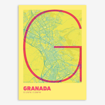 The map of Granada composed with letters in extra light font printed on yellow and fuchsia