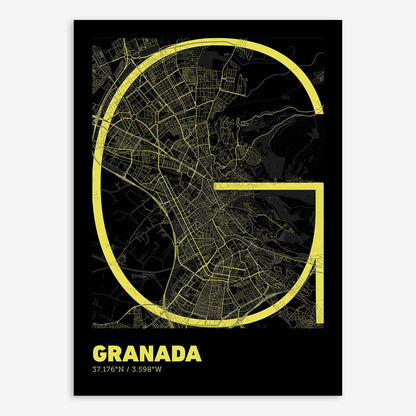 The map of Granada composed with letters in extra light font printed on black and yellow