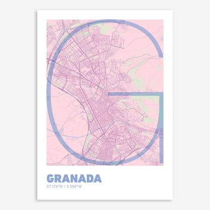 The map of Granada composed with letters in extra light font printed on pink and light blue
