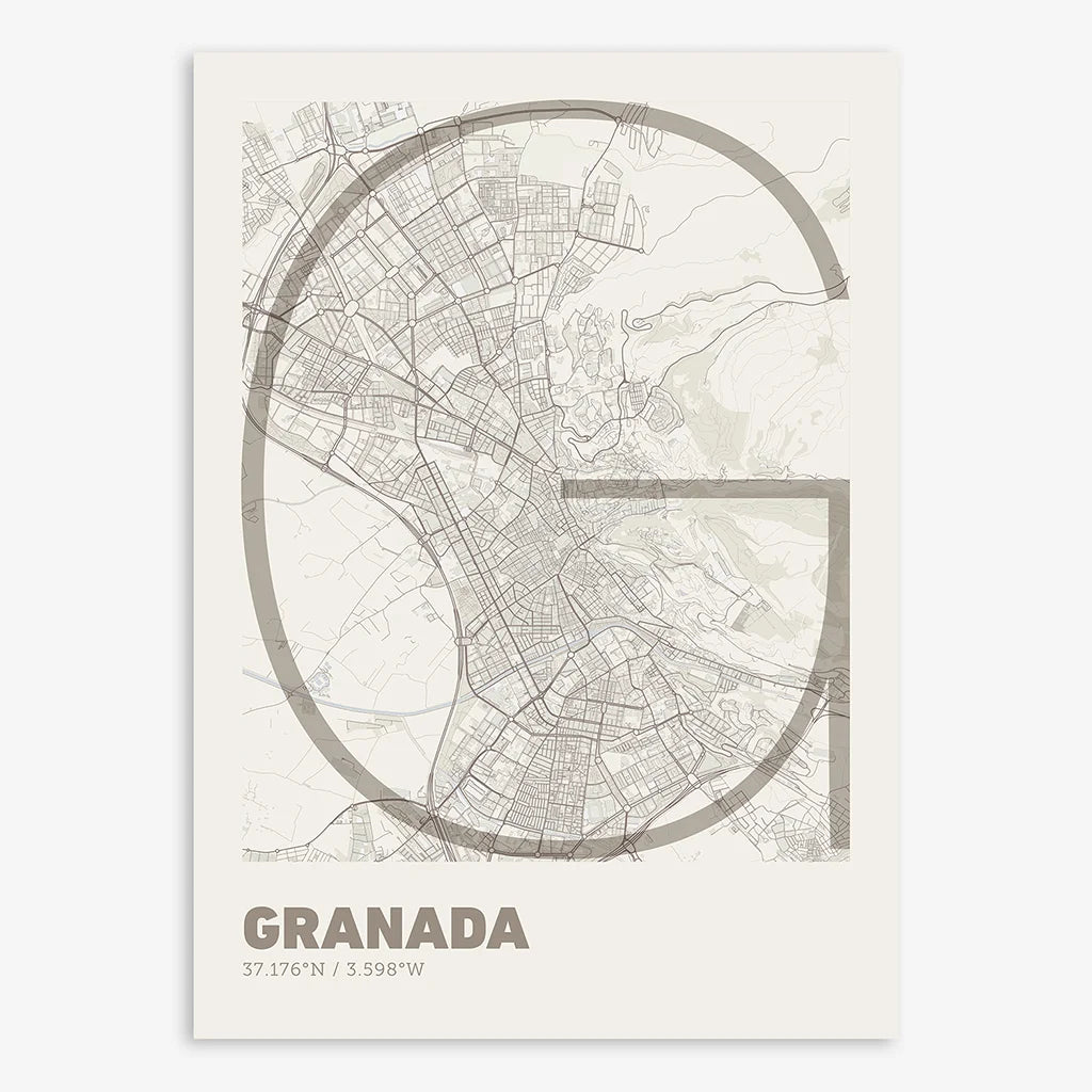Poster of Granada composed with letters in extra light font printed on light brown and an off-white background