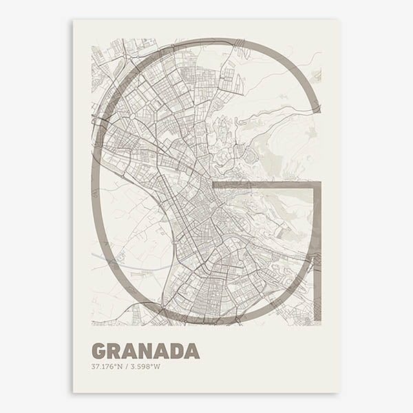 Poster of Granada composed with letters in extra light font printed on light brown and an off-white background