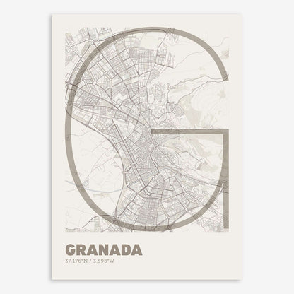 The map of Granada composed with letters in extra light font printed on light brown and an off-white background