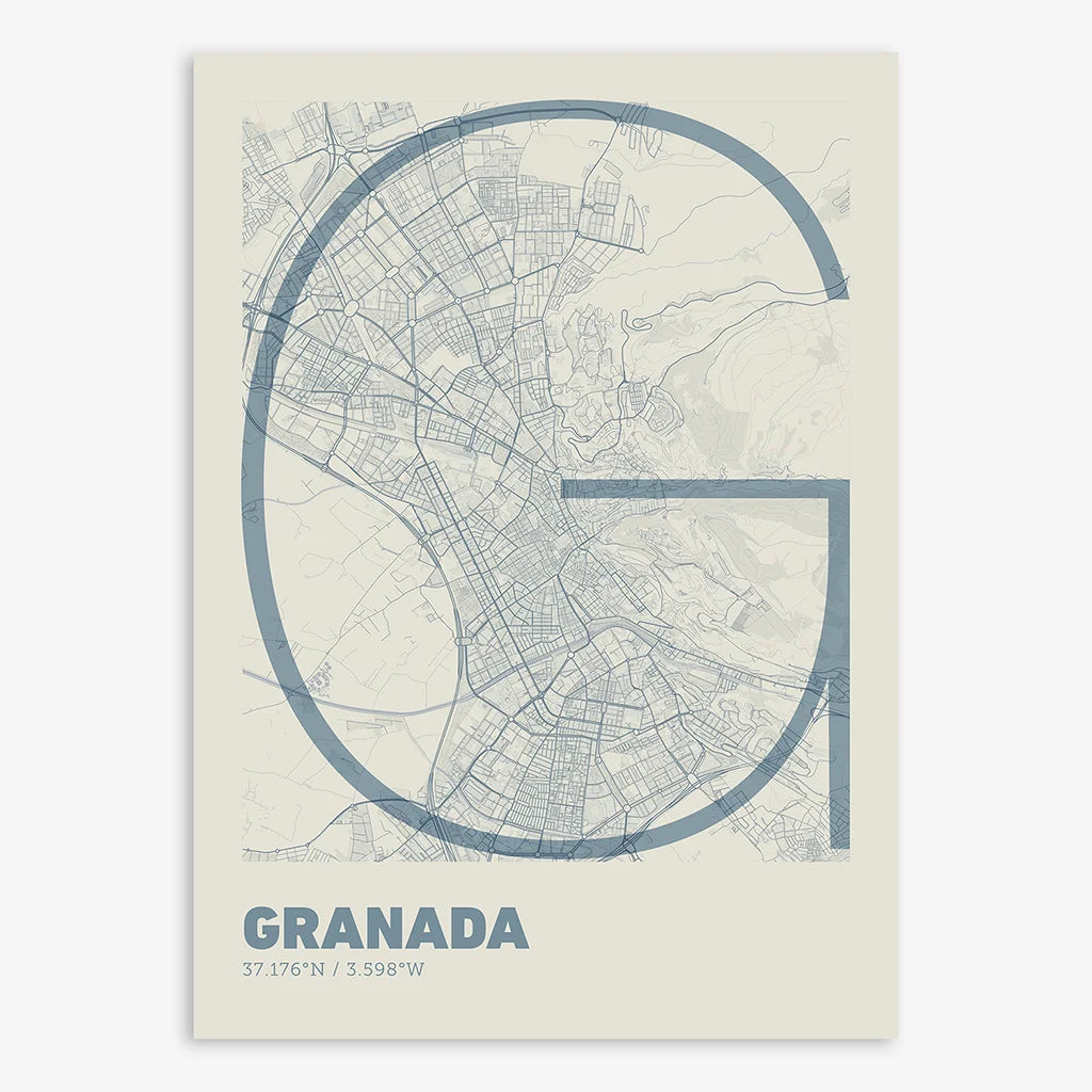 Poster of Granada composed with letters in extra light font printed on bluish gray and an off-white background