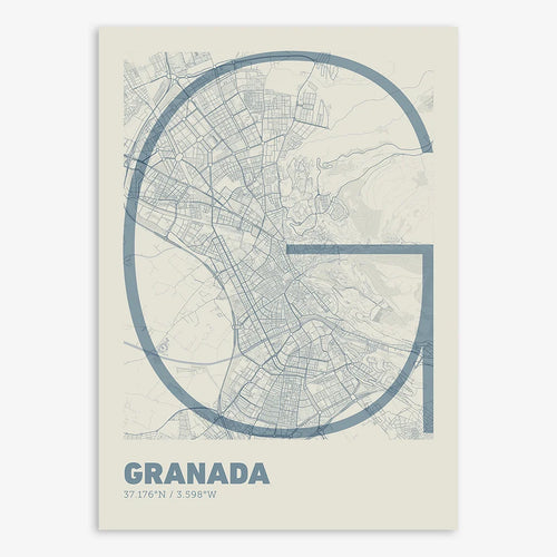Mapa de Granada en el diseño la Ultrafina, una estética minimalista que combina cartografía urbana con letras modernas, finas y elegantes diseñado en gris azulado y fondo blanco roto