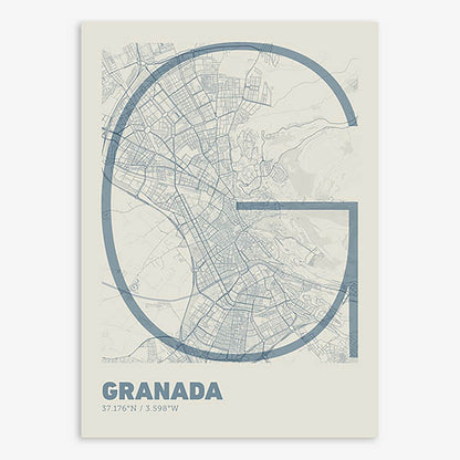 Poster of Granada composed with letters in extra light font printed on bluish gray and an off-white background