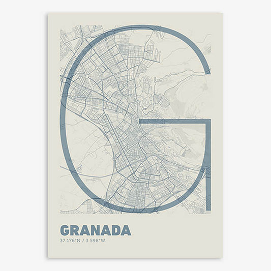 Poster of Granada composed with letters in extra light font printed on bluish gray and an off-white background