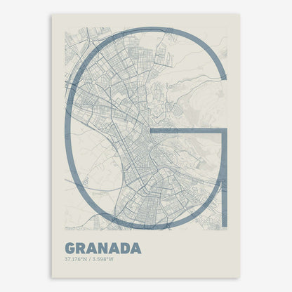 The map of Granada composed with letters in extra light font printed on bluish gray and an off-white background