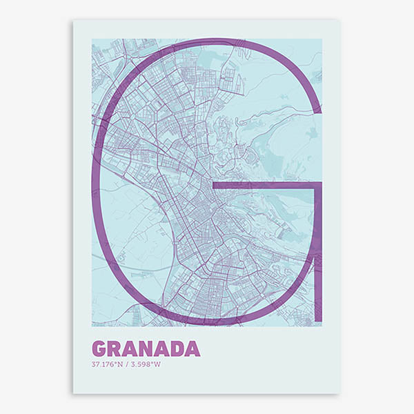 Poster of Granada composed with letters in extra light font printed on purple and light blue
