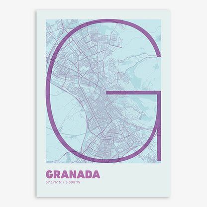 Poster of Granada composed with letters in extra light font printed on purple and light blue