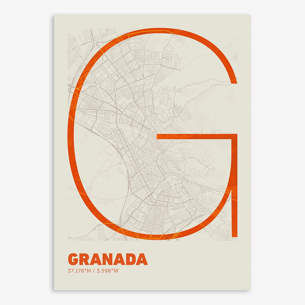 Poster of Granada composed with letters in extra light font printed on orange and an off-white background
