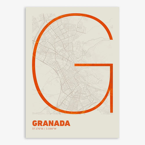 Mapa de Granada en el diseño la Ultrafina, una estética minimalista que combina cartografía urbana con letras modernas, finas y elegantes diseñado en naranja y fondo blanco roto