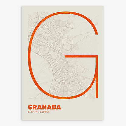 Poster of Granada composed with letters in extra light font printed on orange and an off-white background