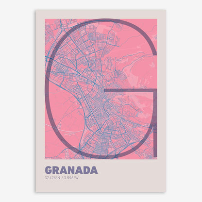 The map of Granada composed with letters in extra light font printed on violet y pink background