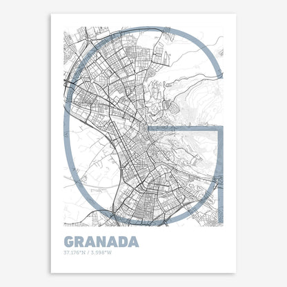 The map of Granada composed with letters in extra light font printed on black and white