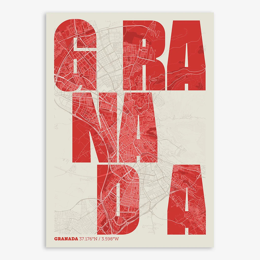 Decorative print of Granada with letters of its name placed randomly, designed in red and an off-white background