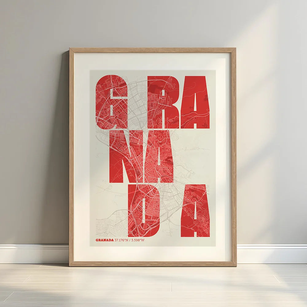 Lámina creativa de Granada – Diseño gráfico y tipografía sobre mapa
