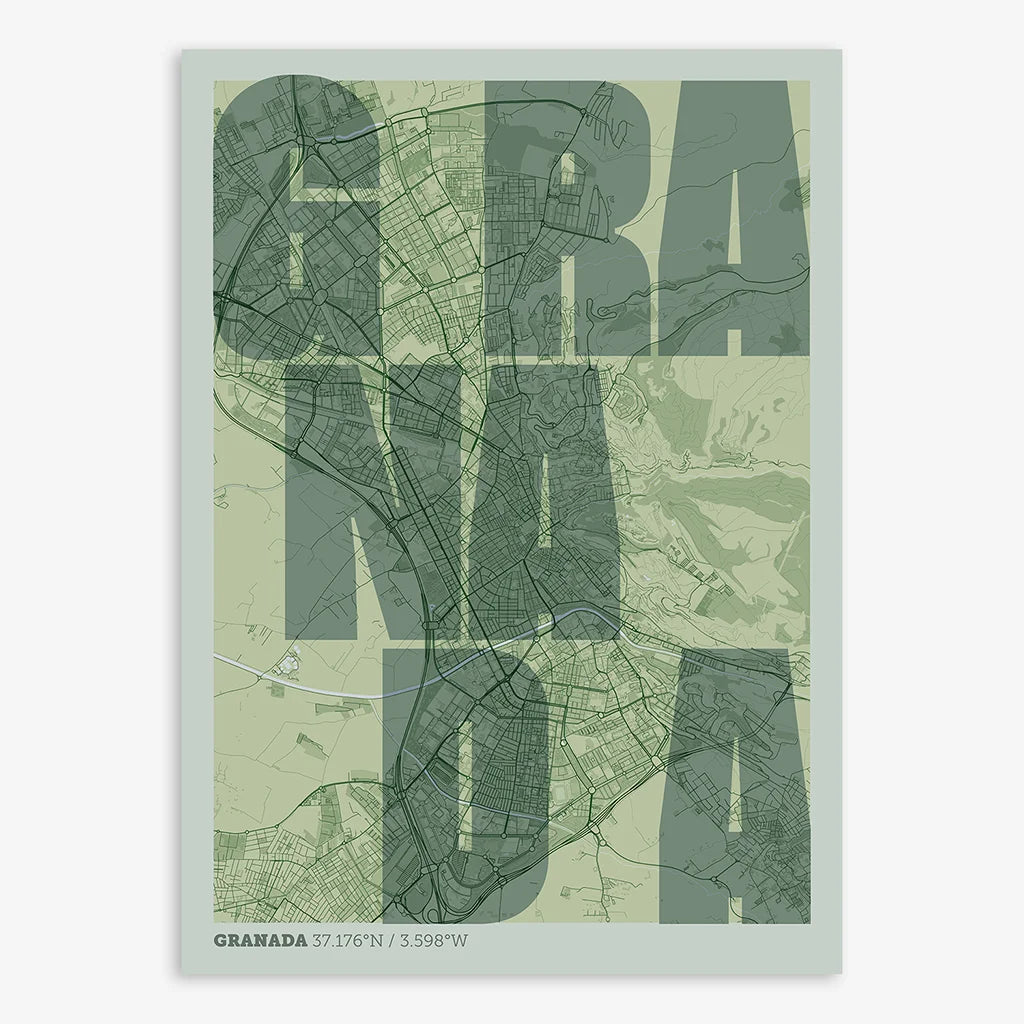 Decorative print of Granada with letters of its name placed randomly, designed in two green tones