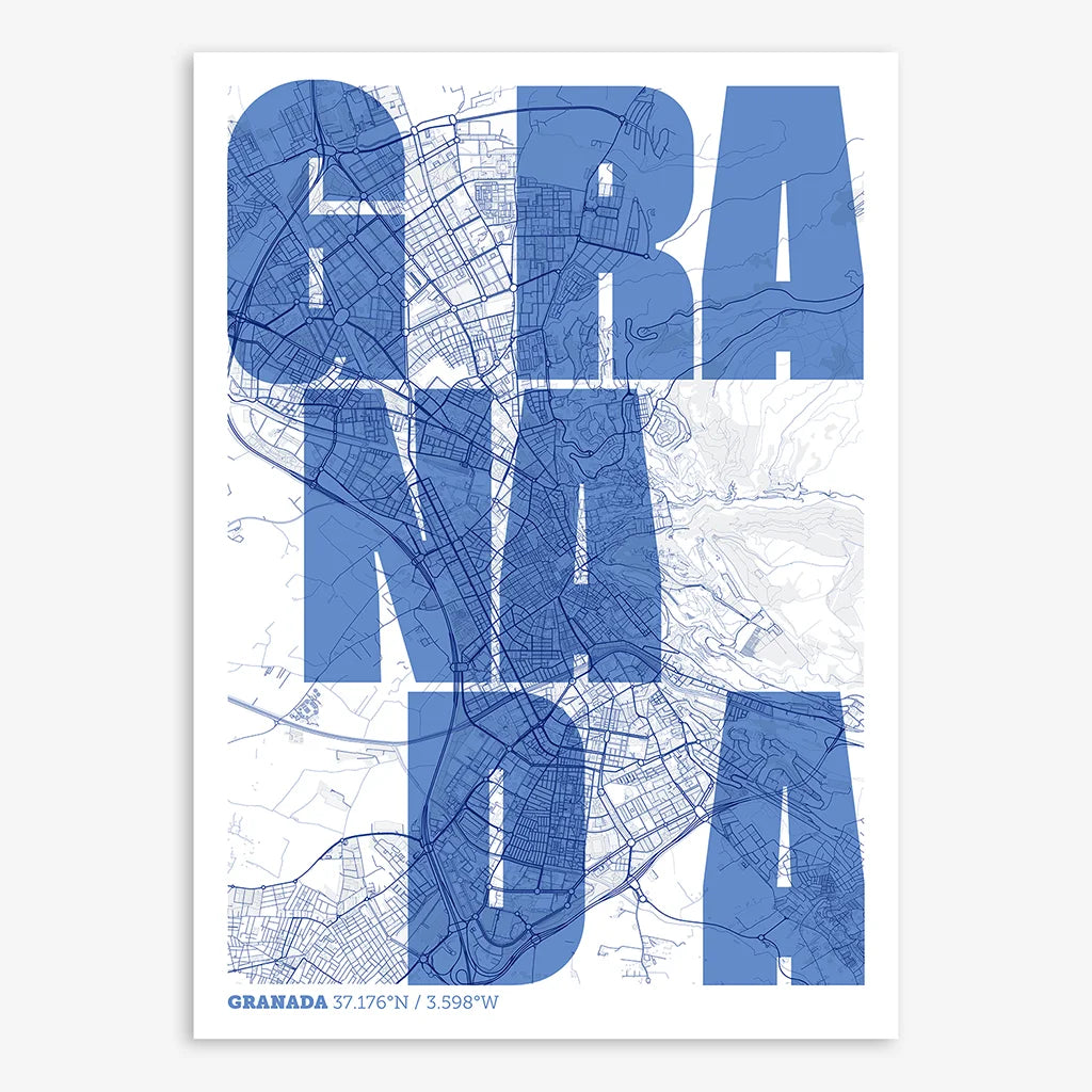 Decorative print of Granada with letters of its name placed randomly, designed in navy blue and white