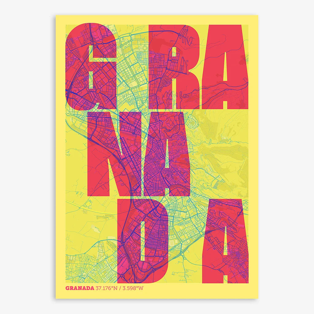 Decorative print of Granada with letters of its name placed randomly, designed in yellow and fuchsia