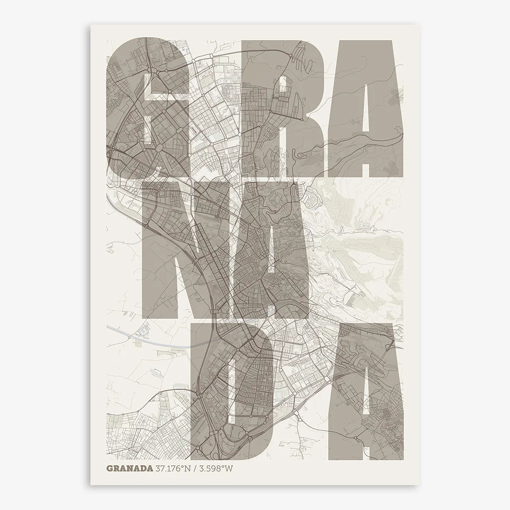 Decorative print of Granada with letters of its name placed randomly, designed in light brown and an off-white background