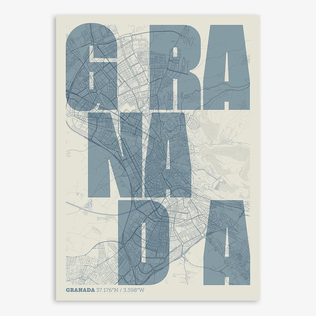 Decorative print of Granada with letters of its name placed randomly, designed in bluish gray and an off-white background