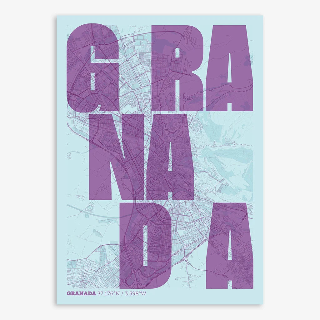 Decorative print of Granada with letters of its name placed randomly, designed in purple and light blue