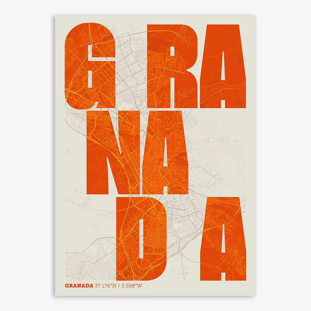 Decorative print of Granada with letters of its name placed randomly, designed in orange and an off-white background