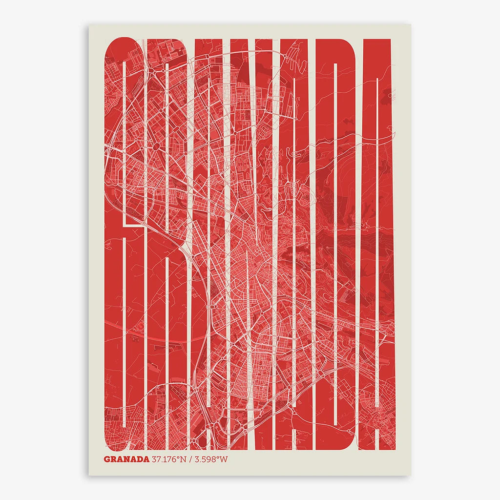 Decorative map of Granada and letters of its name in a giclée print designed in red and an off-white background