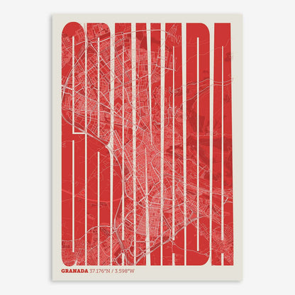 The map of Granada and letters of its name in a giclée print designed in red and an off-white background