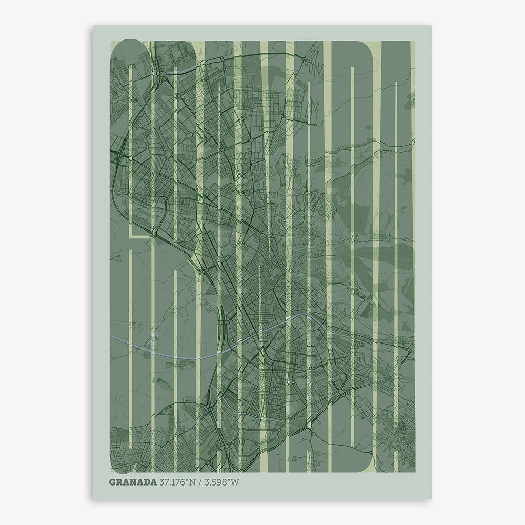 Decorative map of Granada and letters of its name in a giclée print designed in two green tones