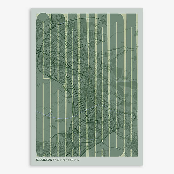 Decorative map of Granada and letters of its name in a giclée print designed in two green tones