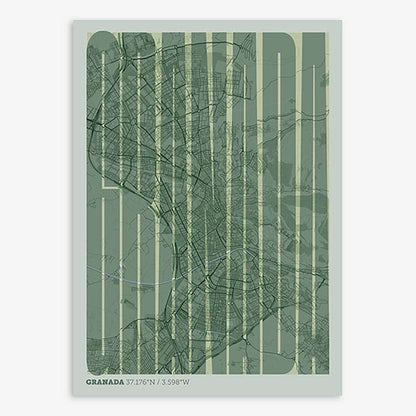 Decorative map of Granada and letters of its name in a giclée print designed in two green tones