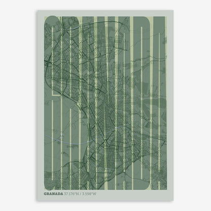 The map of Granada and letters of its name in a giclée print designed in two green tones